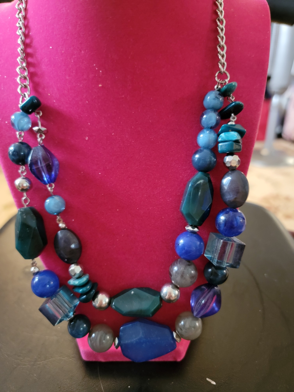 Multi-Tone Blue & Teal Beaded Statement Necklace Vintage